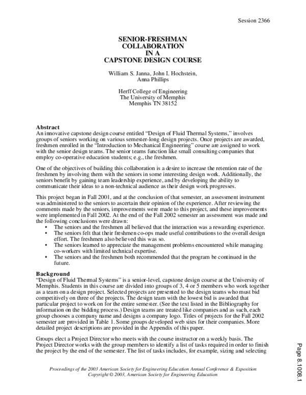 (PDF) Senior Freshman Collaboration In A Capstone Design Course