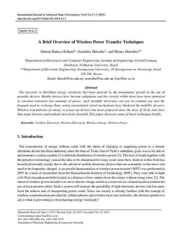 (PDF) A Brief Overview of Wireless Power Transfer Techniques