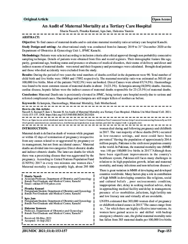 (PDF) An Audit of Maternal Mortality at a Tertiary Care Hospital