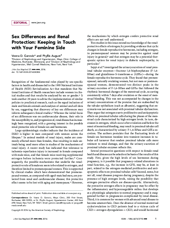 (PDF) Sex Differences and Renal Protection: Keeping in Touch with Your ...