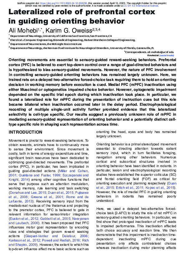 (PDF) Lateralized role of prefrontal cortex in guiding orienting behavior
