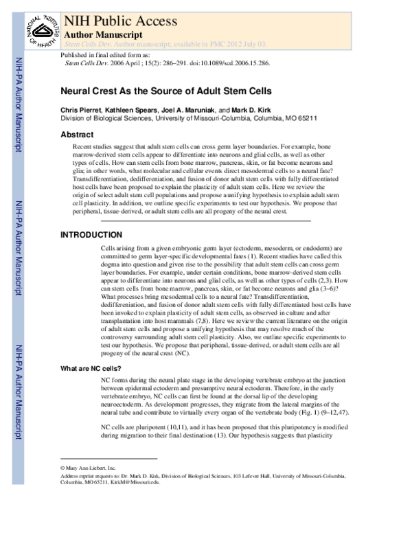 (PDF) Neural Crest As the Source of Adult Stem Cells