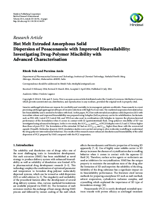 (PDF) Hot melt extruded amorphous solid dispersion of posaconazole with ...