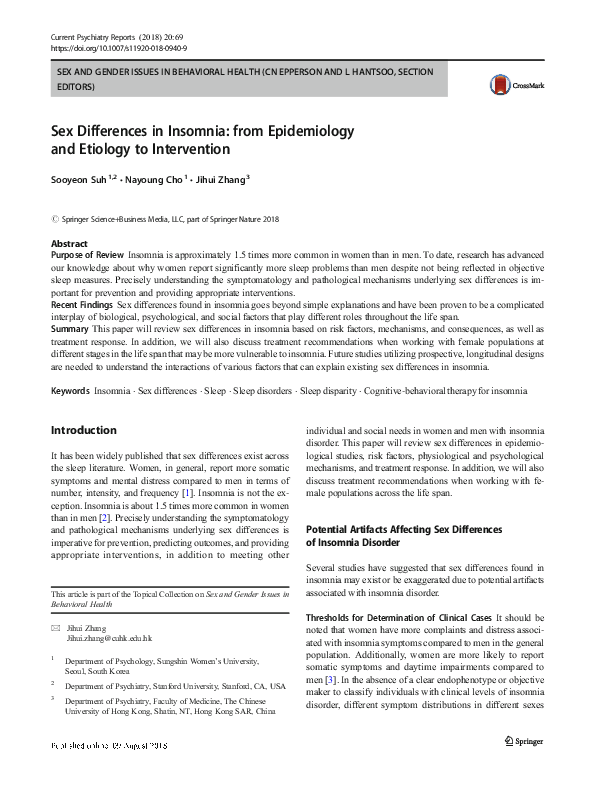 (PDF) Sex Differences in Insomnia: from Epidemiology and Etiology to ...