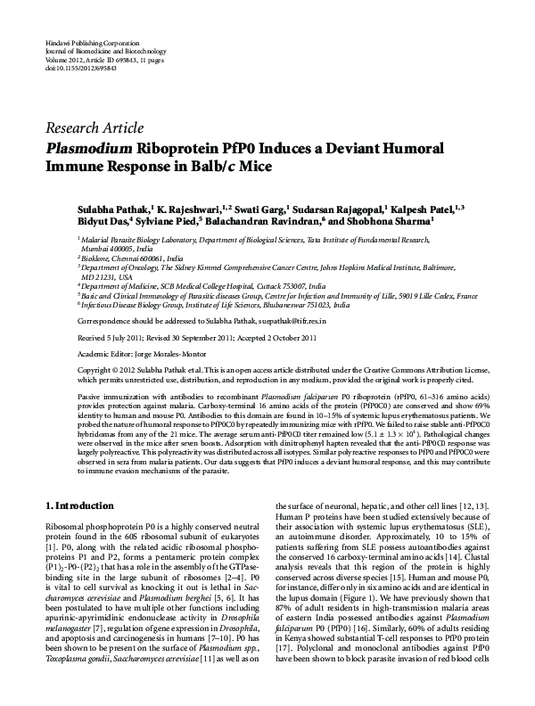 (PDF) PlasmodiumRiboprotein PfP0 Induces a Deviant Humoral Immune ...