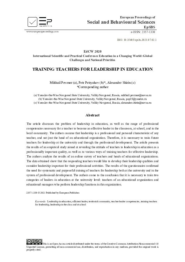 (PDF) Training Teachers For Leadership In Education