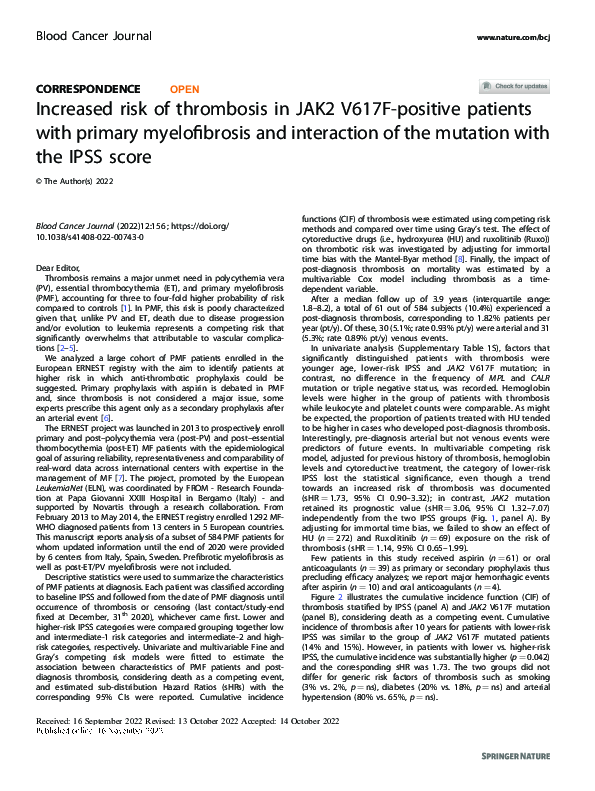 (PDF) Increased risk of thrombosis in JAK2 V617F-positive patients with ...