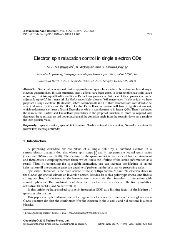 (PDF) Electron spin relaxation control in single electron QDs