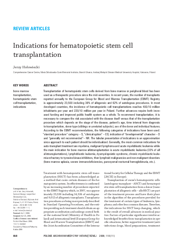 (PDF) Indications for hematopoietic stem cell transplantation