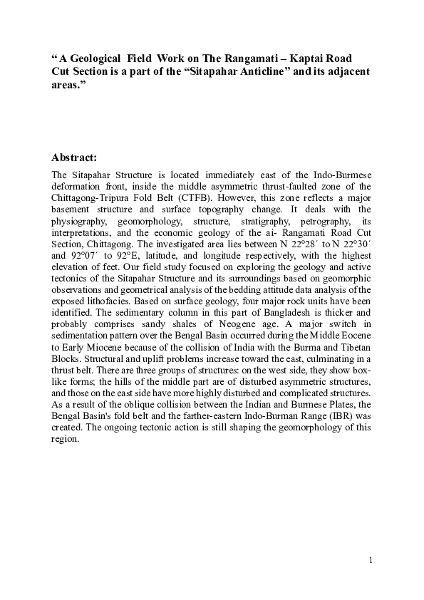 (PDF) " A Geological Field Work on The Rangamati -Kaptai Road Cut ...