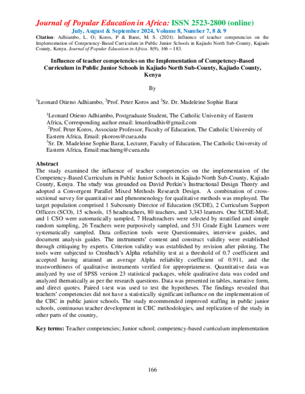 (PDF) Influence of teacher competencies on the Implementation of ...