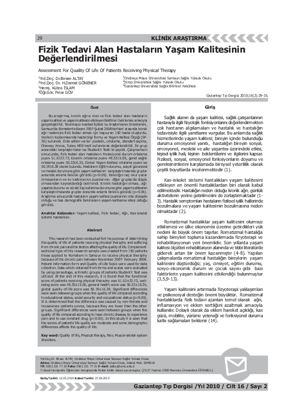 (PDF) Assessment For Quality Of Life Of Patients Receiving Physical Therapy