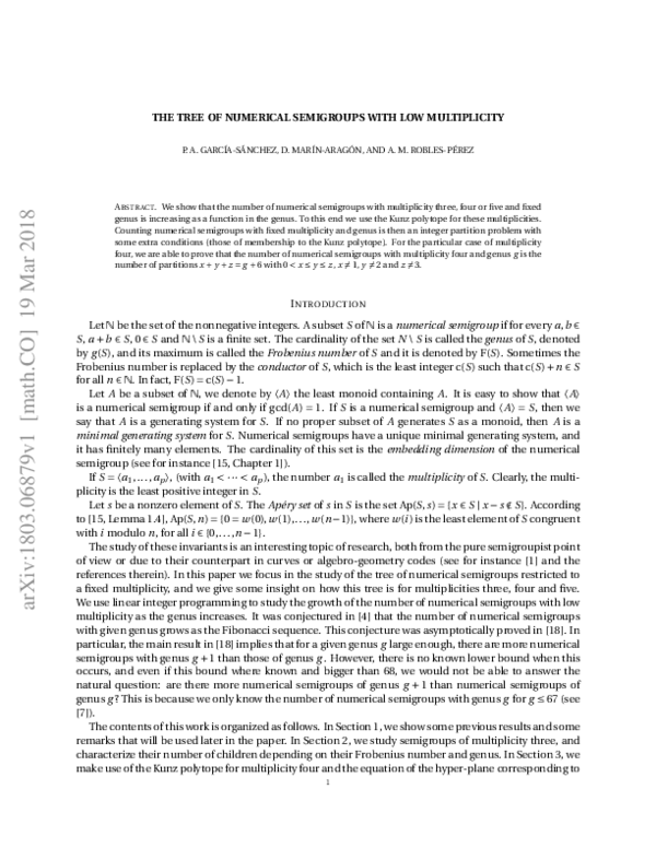 (PDF) The tree of numerical semigroups with low multiplicity
