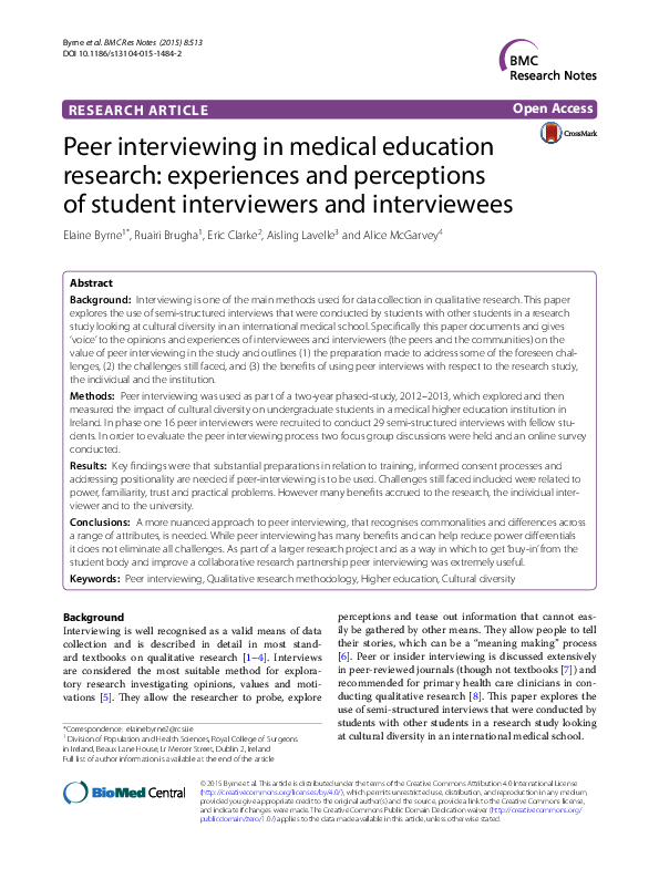 (PDF) Peer interviewing in medical education research: experiences and ...