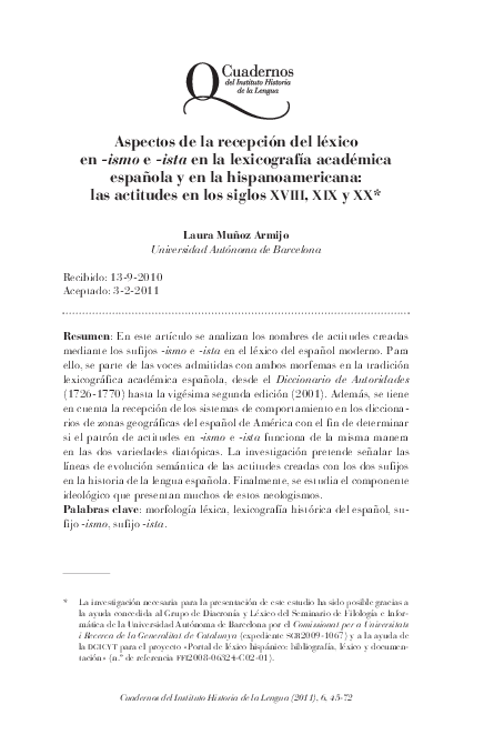 (PDF) Aspectos de la recepción del léxico en -ismo e -ista en la ...
