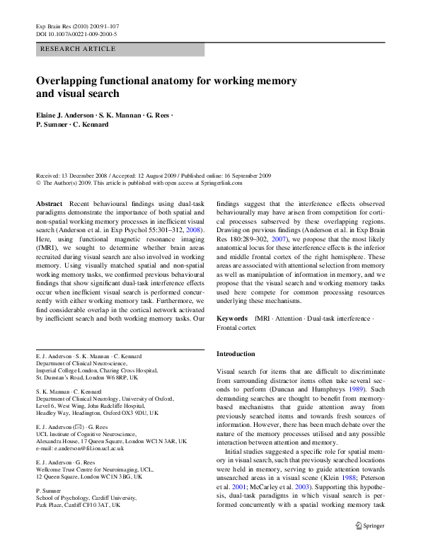 (PDF) Overlapping functional anatomy for working memory and visual search