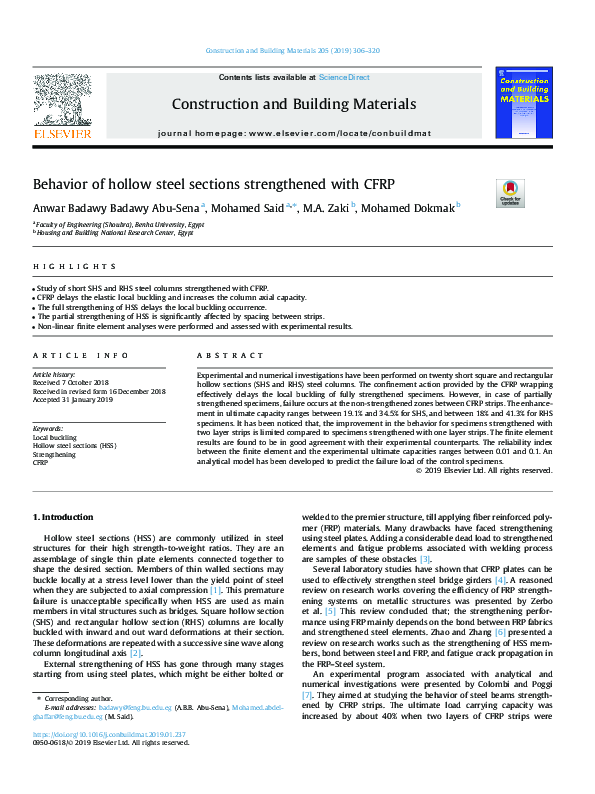 (PDF) Behavior of hollow steel sections strengthened with CFRP