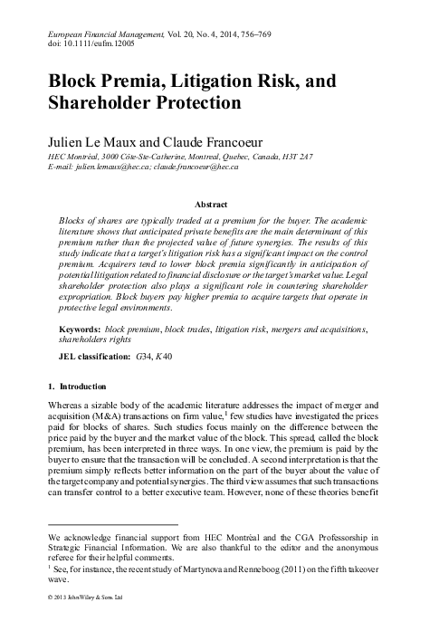 (PDF) Block Premia, Litigation Risk, and Shareholder Protection