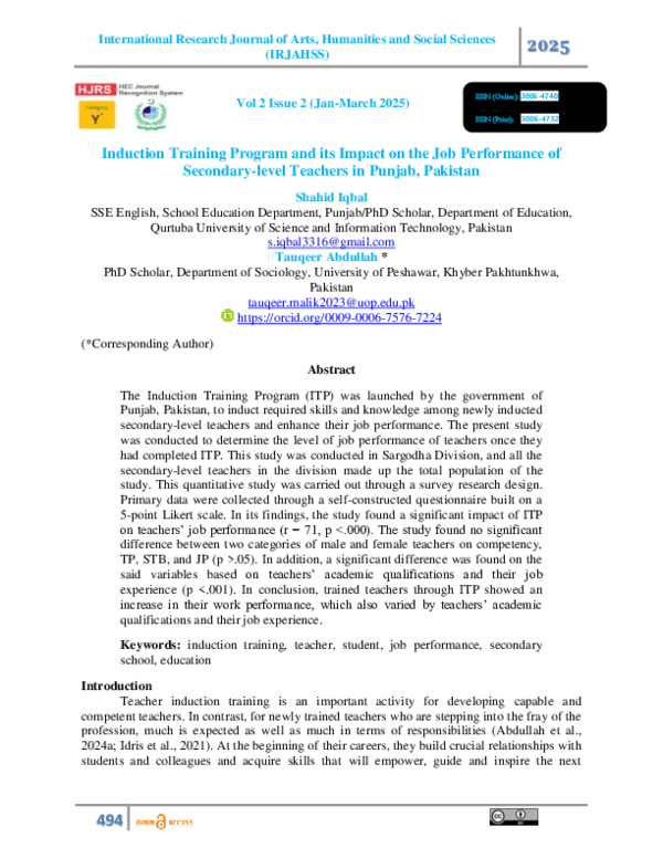 (PDF) Induction Training Program and its Impact on the Job Performance ...