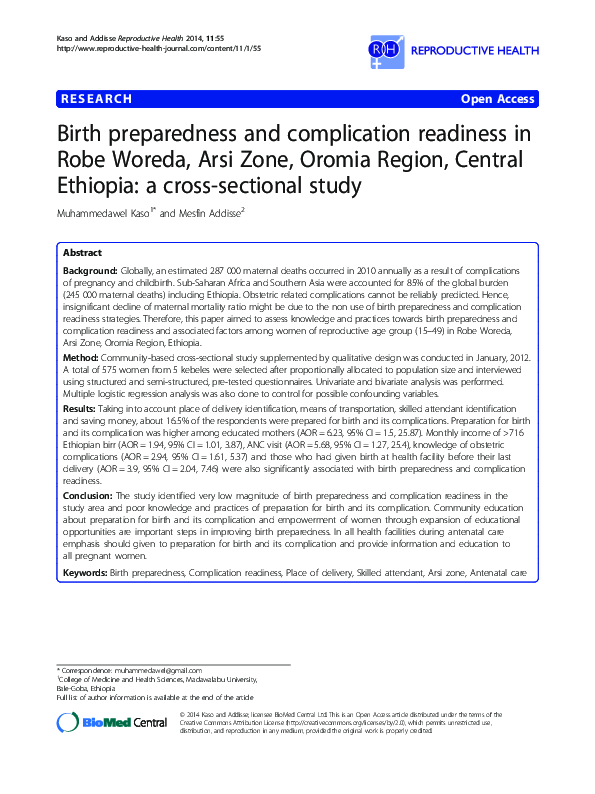 (PDF) Birth preparedness and complication readiness in Robe Woreda ...