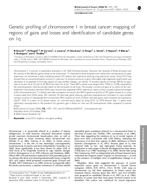(PDF) Genetic profiling of chromosome 1 in breast cancer: mapping of ...