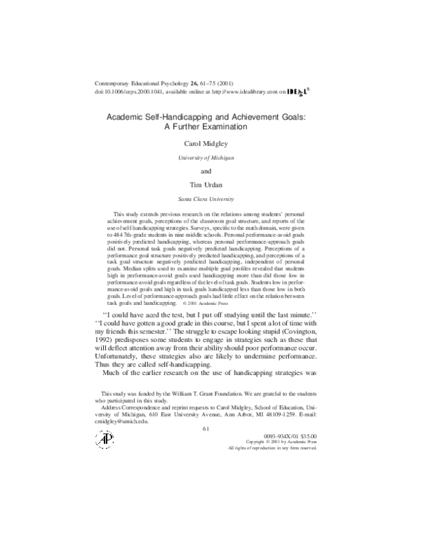 (PDF) Academic Self-Handicapping and Achievement Goals: A Further ...