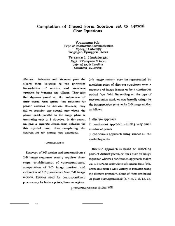 (PDF) Completion of closed form solution set to optical flow equations