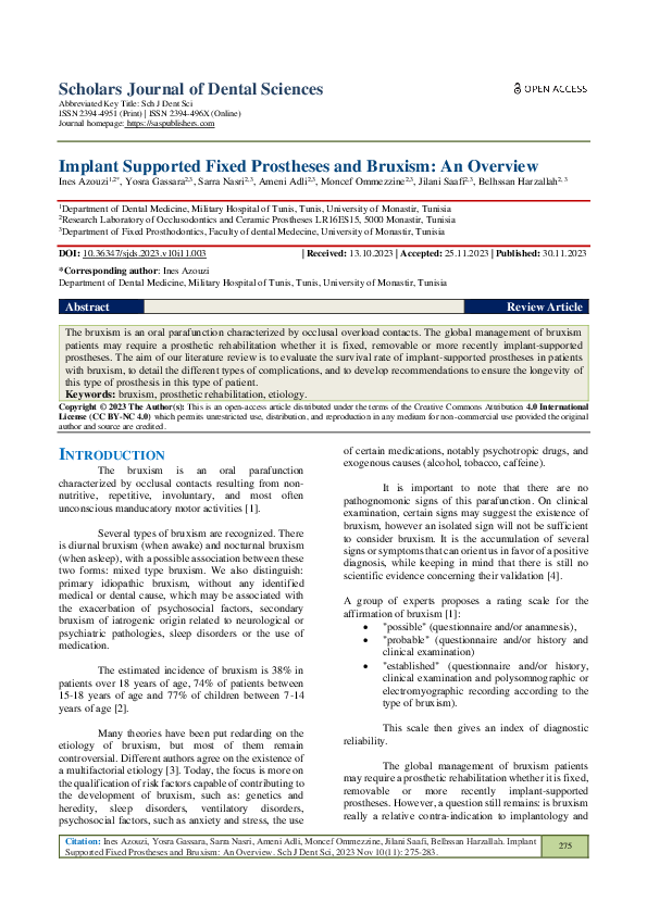 (PDF) Implant Supported Fixed Prostheses and Bruxism: An Overview