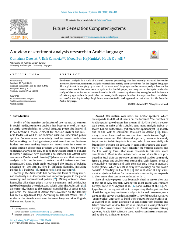 (PDF) A review of sentiment analysis research in Arabic language