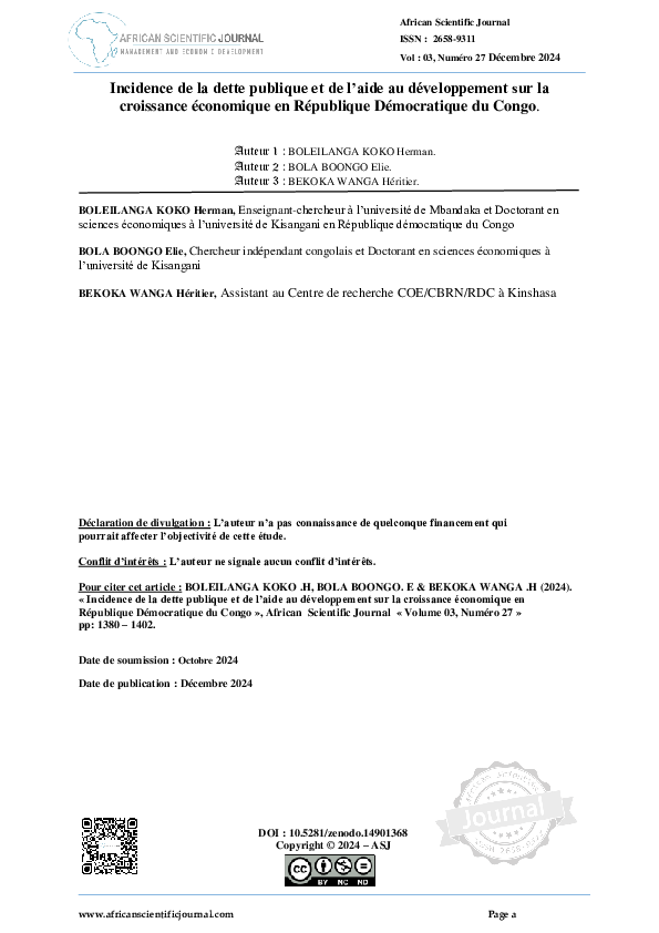 (PDF) Incidence de la dette publique et de l'aide au développement sur ...