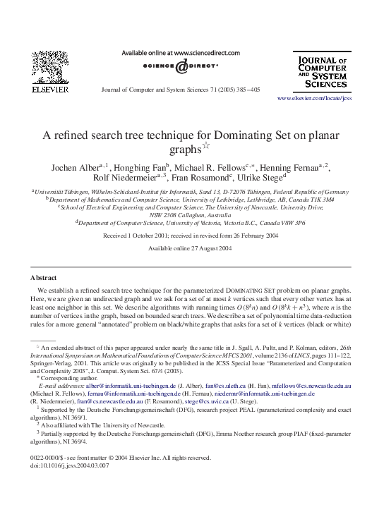 (PDF) A refined search tree technique for Dominating Set on planar graphs