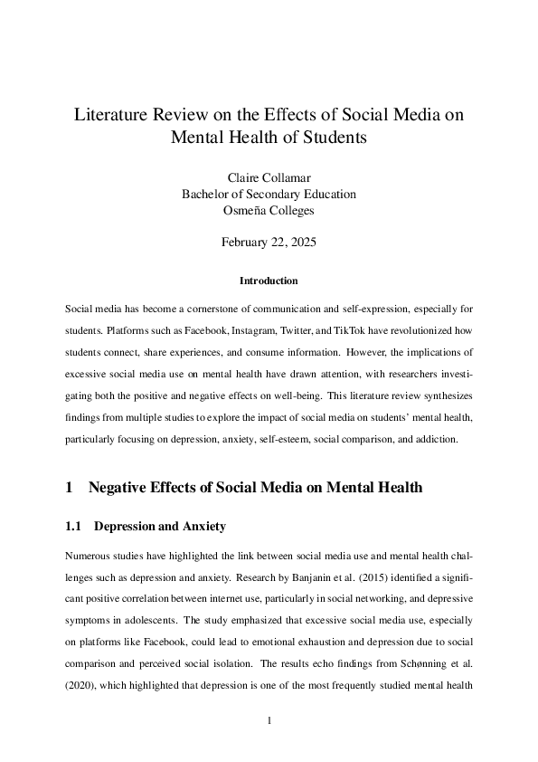 (PDF) Literature Review on the Effects of Social Media on Mental Health ...