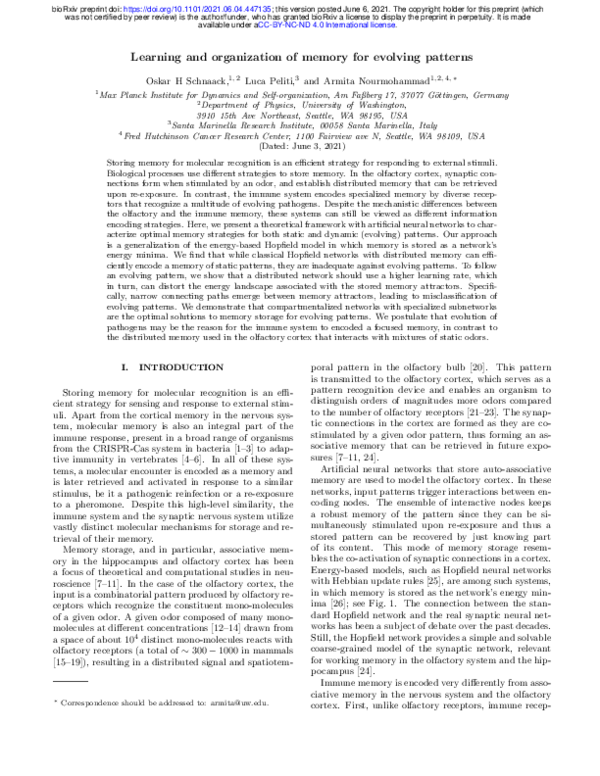 (PDF) Learning and organization of memory for evolving patterns
