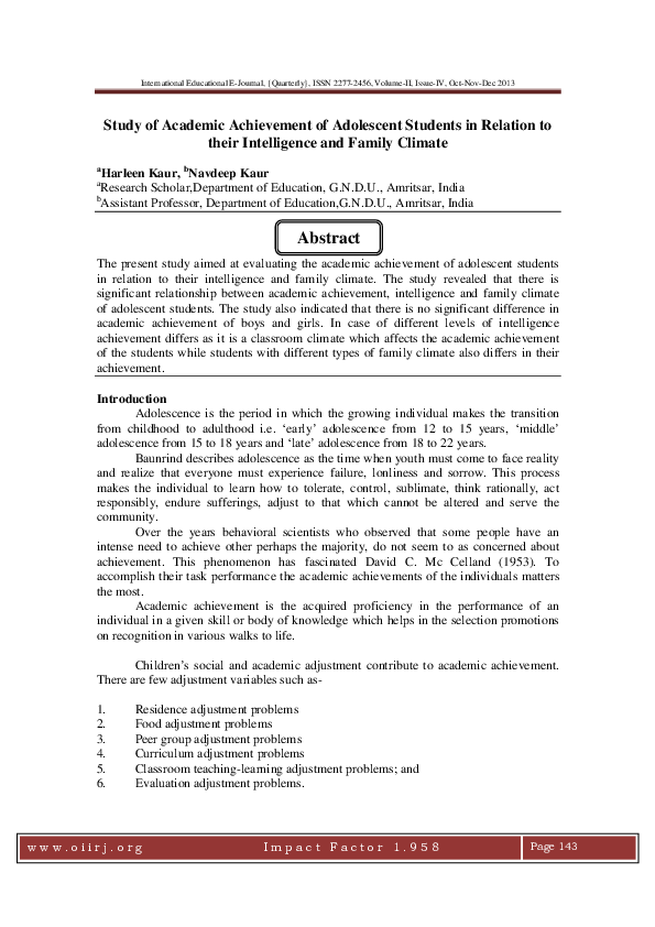 (PDF) Study of Academic Achievement of Adolescent Students in Relation ...