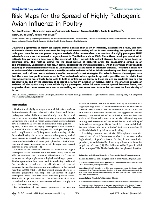 (PDF) Risk Maps for the Spread of Highly Pathogenic Avian Influenza in ...