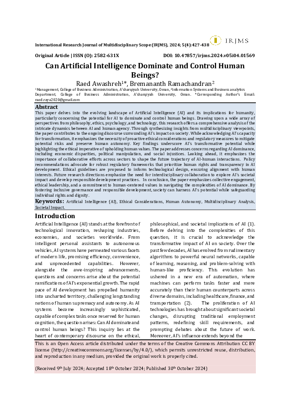 (PDF) Can Artificial Intelligence Dominate and Control Human Beings