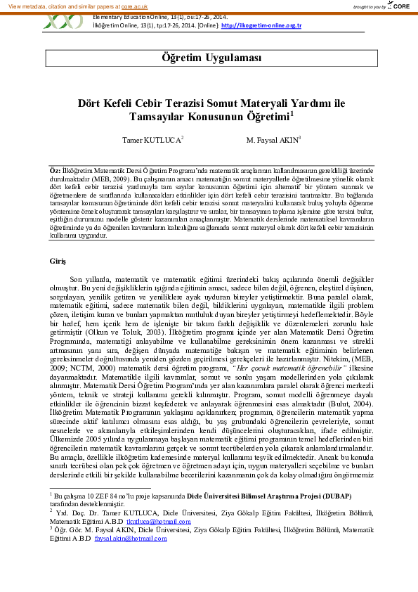 (PDF) Dört Kefeli Cebir Terazisi Somut Materyali Yardımı ile Tamsayılar ...