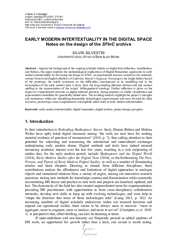 (PDF) Early Modern Intertextuality in the Digital Space. Notes on the ...