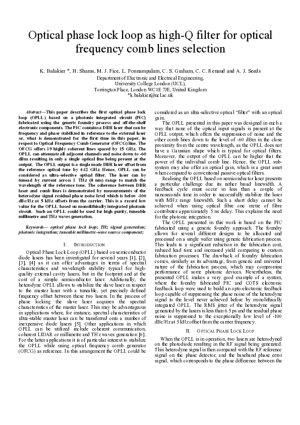 (PDF) Optical phase lock loop as high-Q filter for optical frequency ...