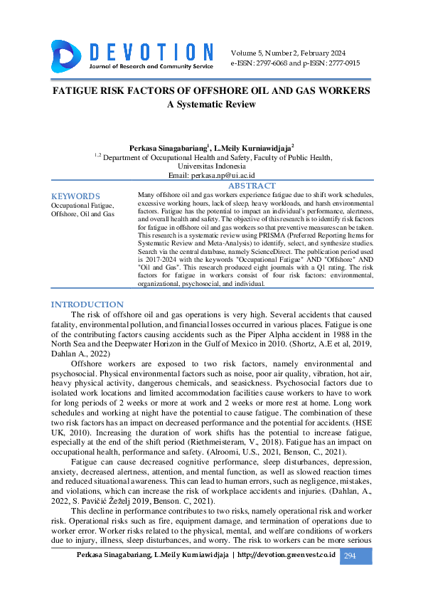 (PDF) Fatigue Risk Factors Of Offshore Oil And Gas Workers: A ...