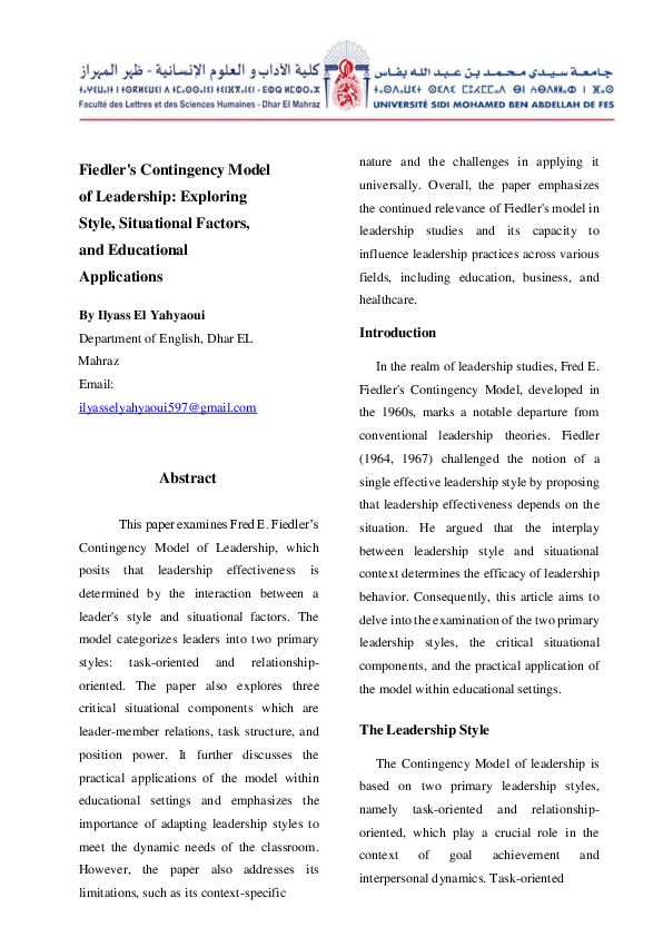 (PDF) Fiedler's Contingency Model of Leadership: Exploring Style ...