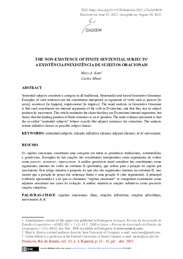 (PDF) The non-existence of finite sentential subjects