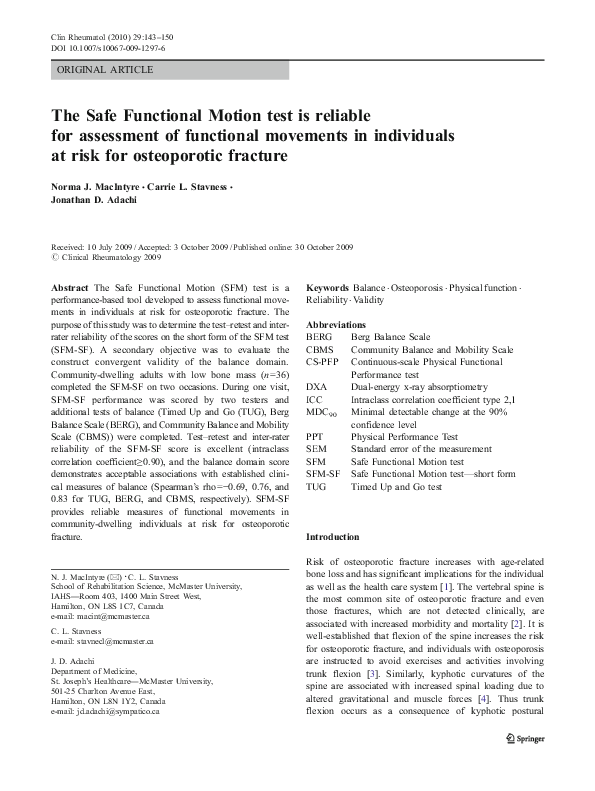 (PDF) The Safe Functional Motion test is reliable for assessment of ...