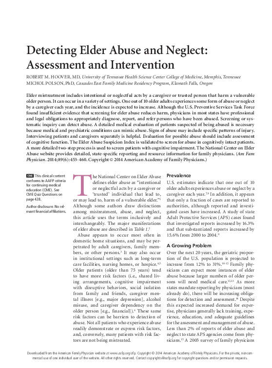 (PDF) Detecting elder abuse and neglect: assessment and intervention