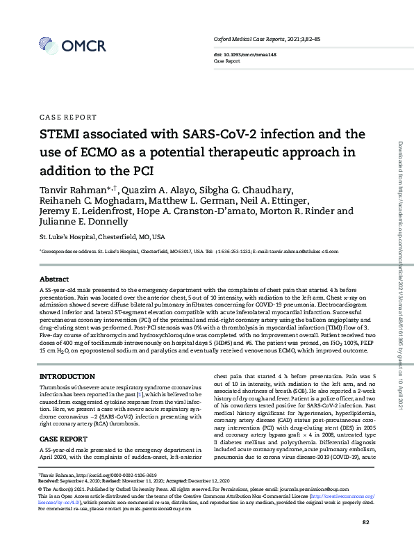(PDF) STEMI associated with SARS-CoV-2 infection and the use of ECMO as ...