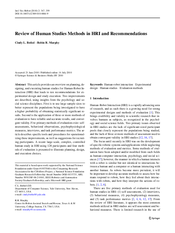 (PDF) Review of Human Studies Methods in HRI and Recommendations