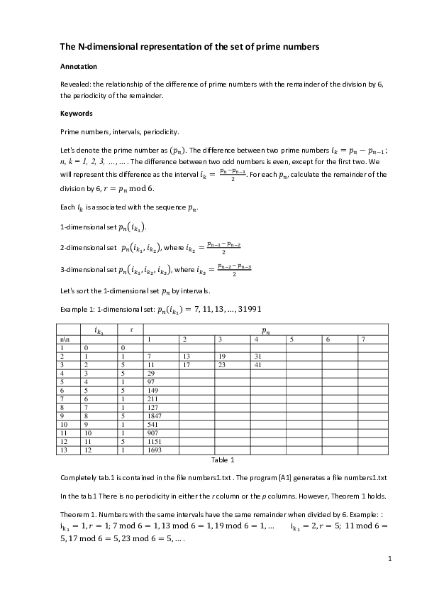 (PDF) N-dimensional representation of the set of prime numbers