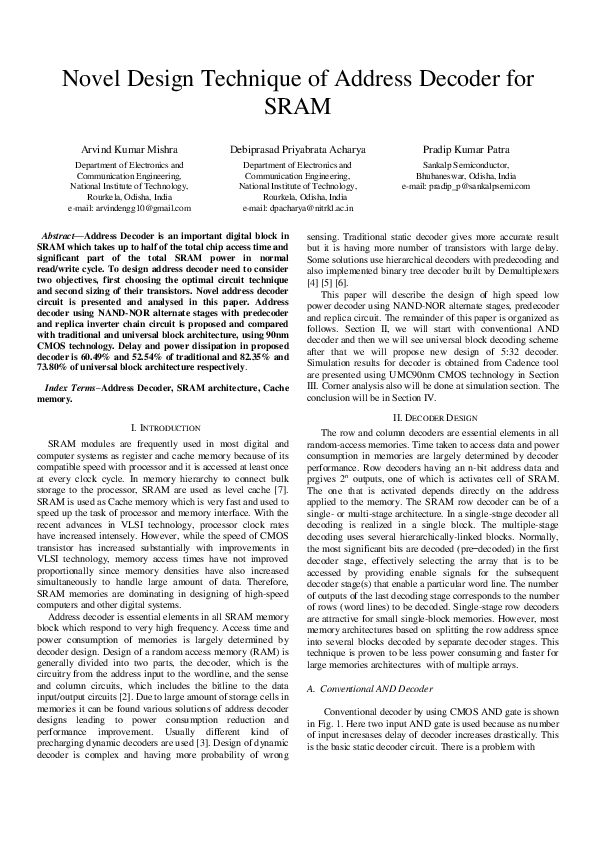 (PDF) Novel design technique of address Decoder for SRAM