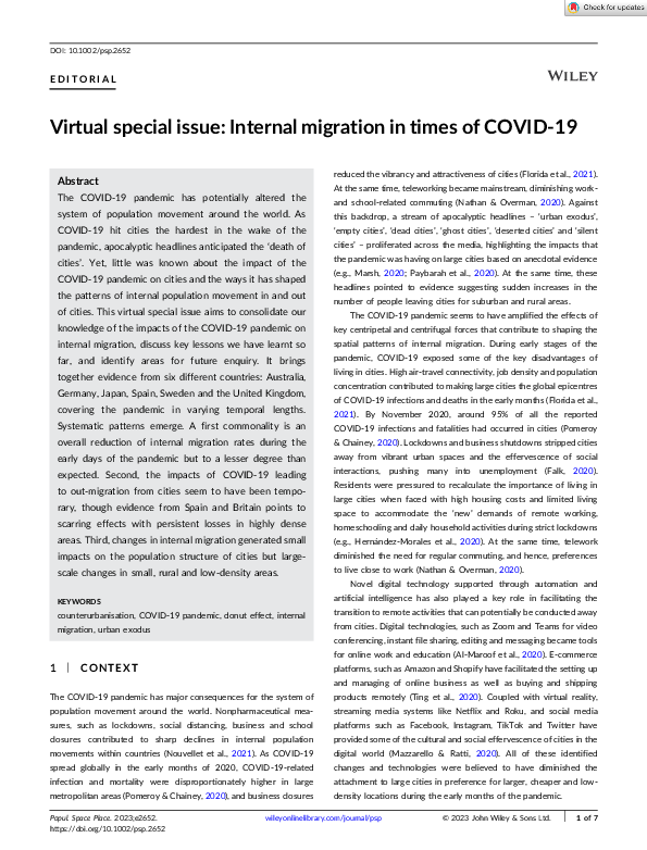 (PDF) Virtual special issue: Internal migration in times of COVID‐19