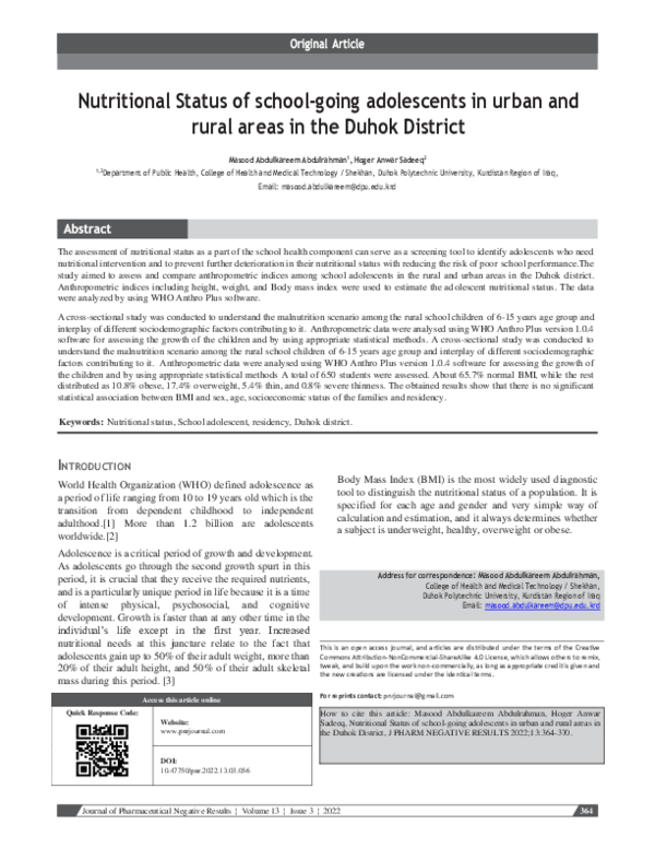 (PDF) Nutritional Status of school-going adolescents in urban and rural ...